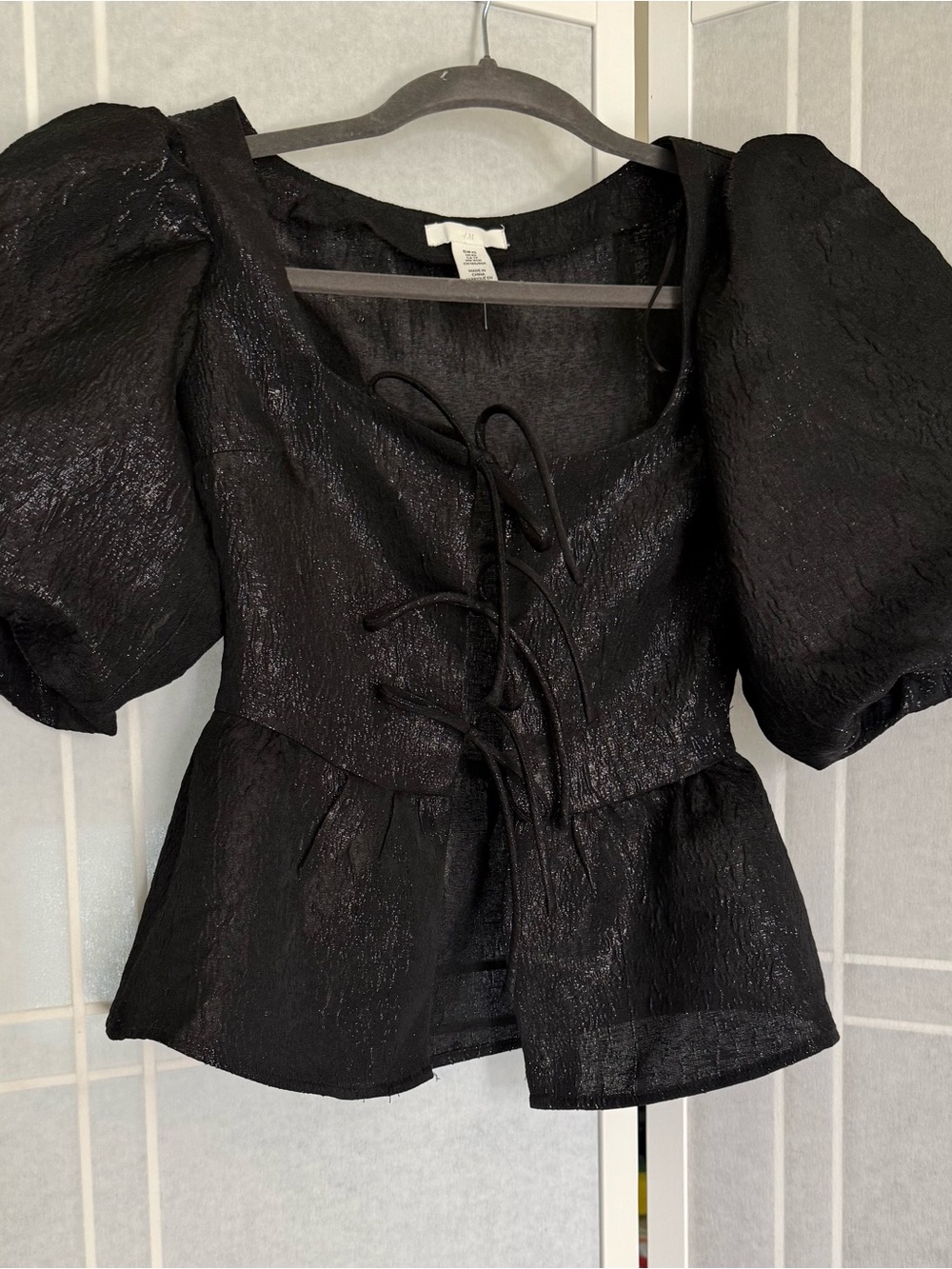H&M Black Lace-Up Puff Sleeve Peplum Blouse